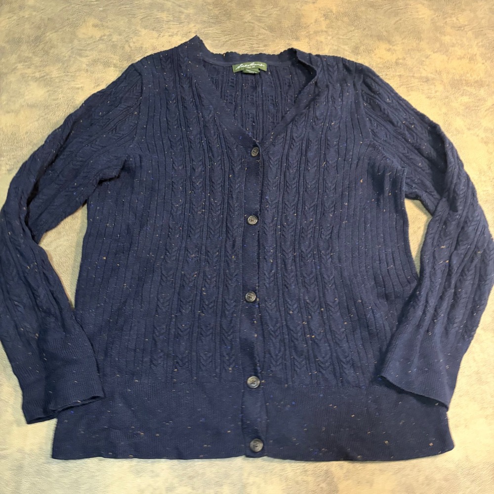 Eddie Bauer Cardigan Sweater Womens XL Navy Blue Cable Knit Button Front Fleck